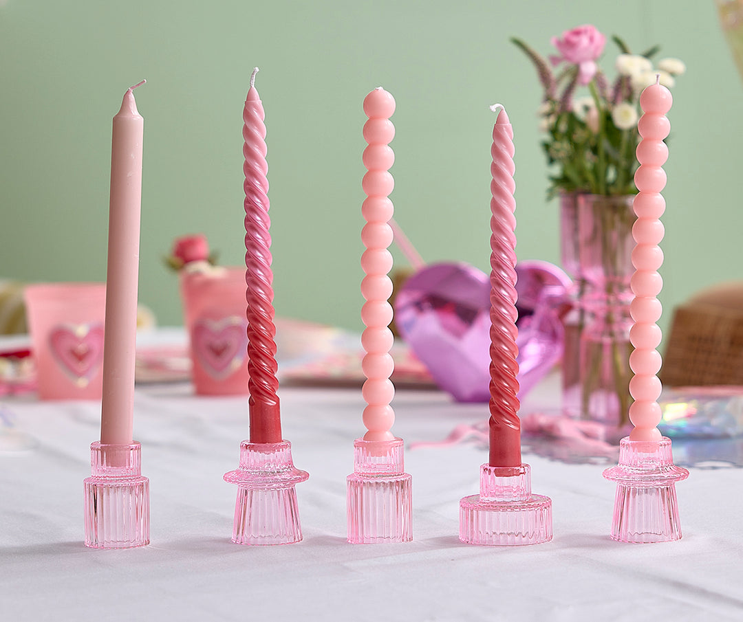 Pink Ribbed Glass Candle Holders (set of 5)