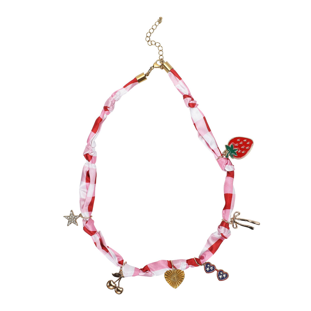 All-American Gingham Satin Scarf Charm Necklace