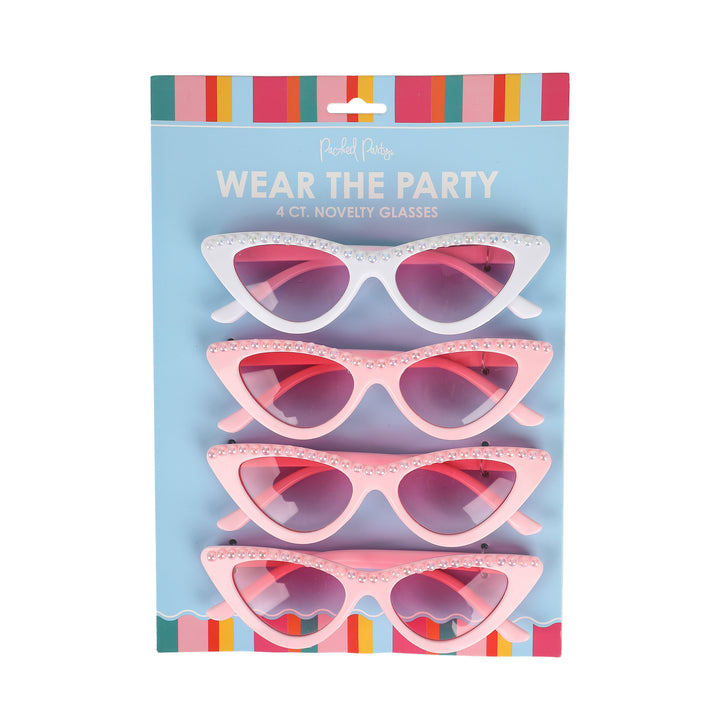 Packed Party 4-Pack Bride &amp; Babes Bachelorette &amp; Wedding Novelty Glasses Pink and White with Pearl Accents and Pink Lenses