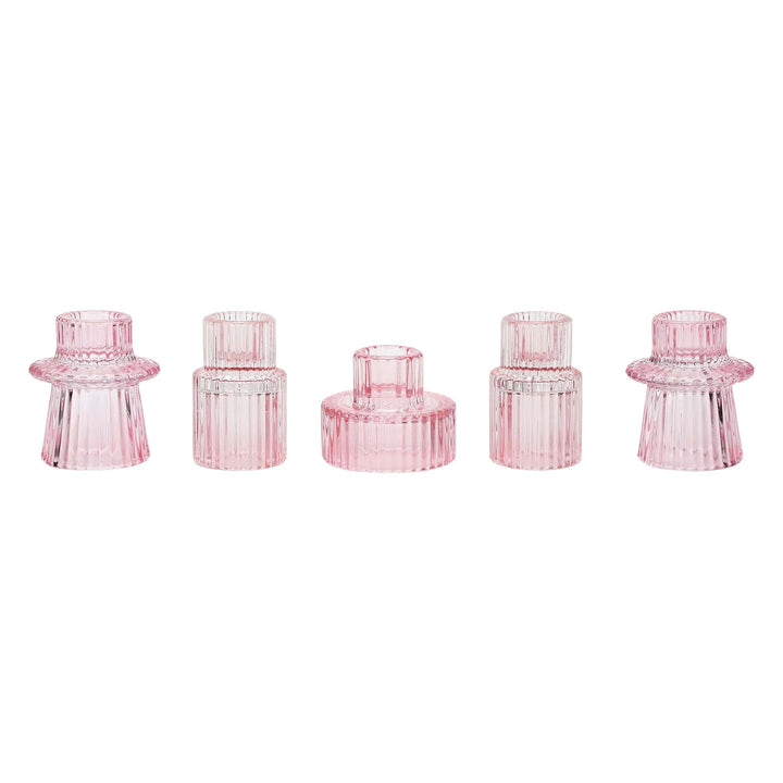 Pink Ribbed Glass Candle Holders (set of 5)
