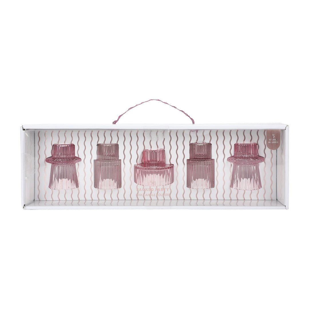 Pink Ribbed Glass Candle Holders (set of 5)