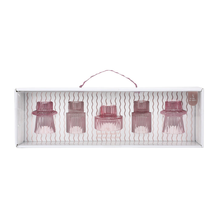 Pink Ribbed Glass Candle Holders (set of 5)