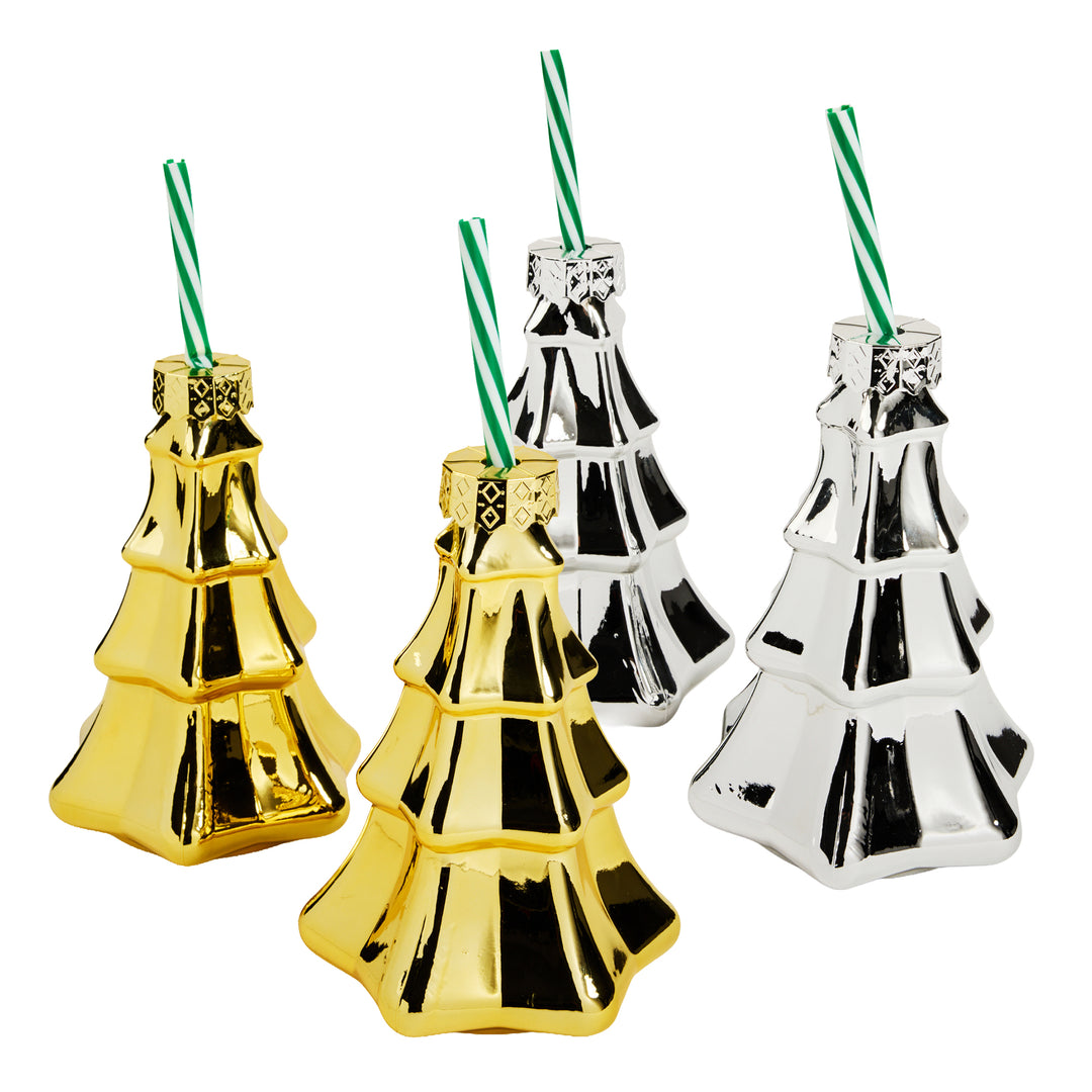 Metallic Glass Christmas Tree Sipper Set (4 count)