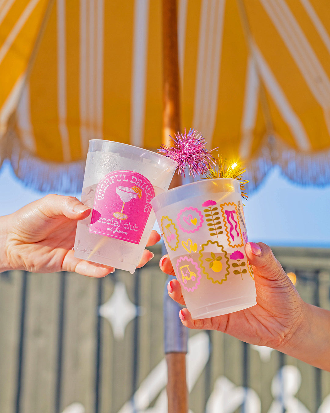 Forever Fun Social Club Reusable Stackable Cups with Pom Pom Stirs