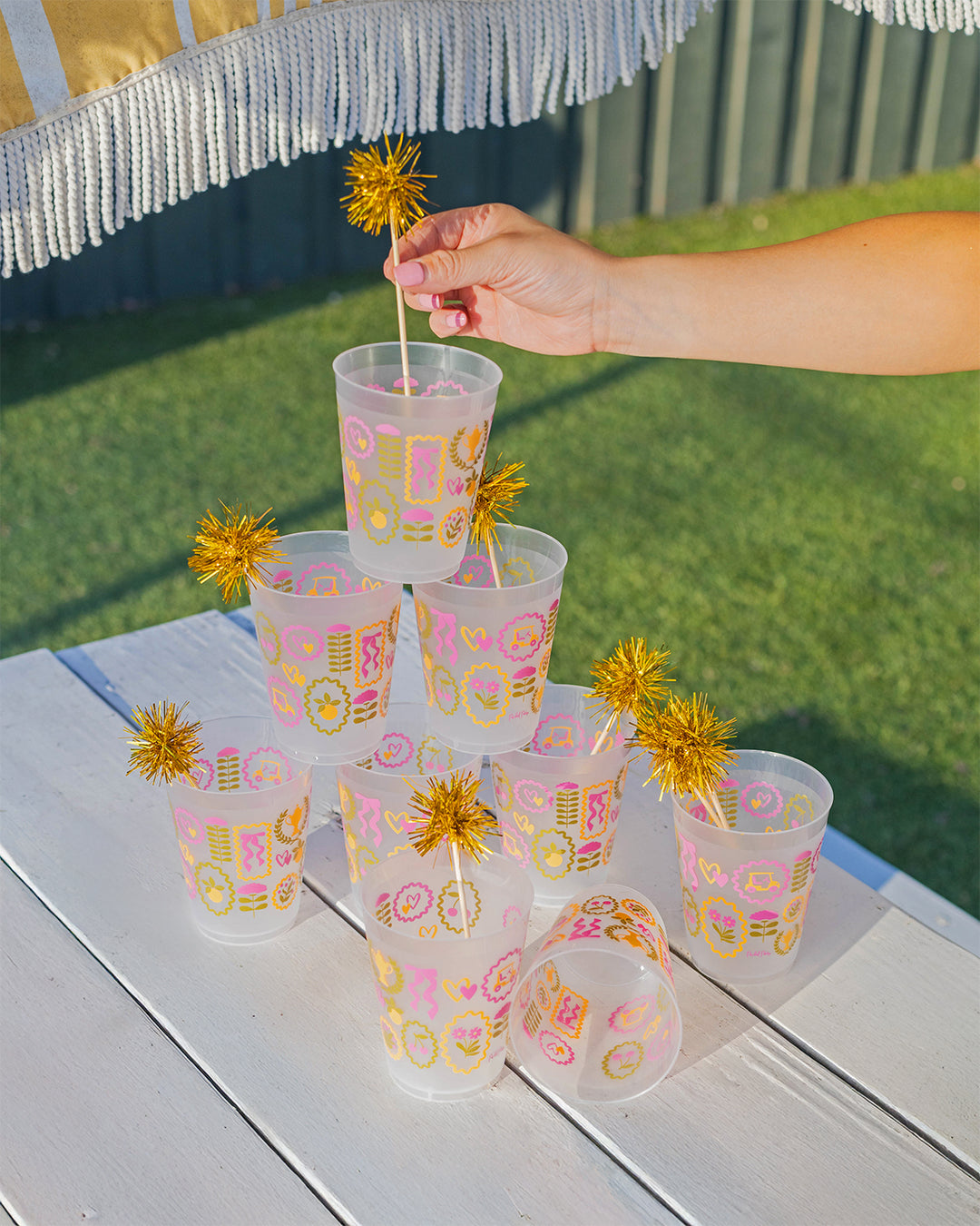 Forever Fun Social Club Reusable Stackable Cups with Pom Pom Stirs