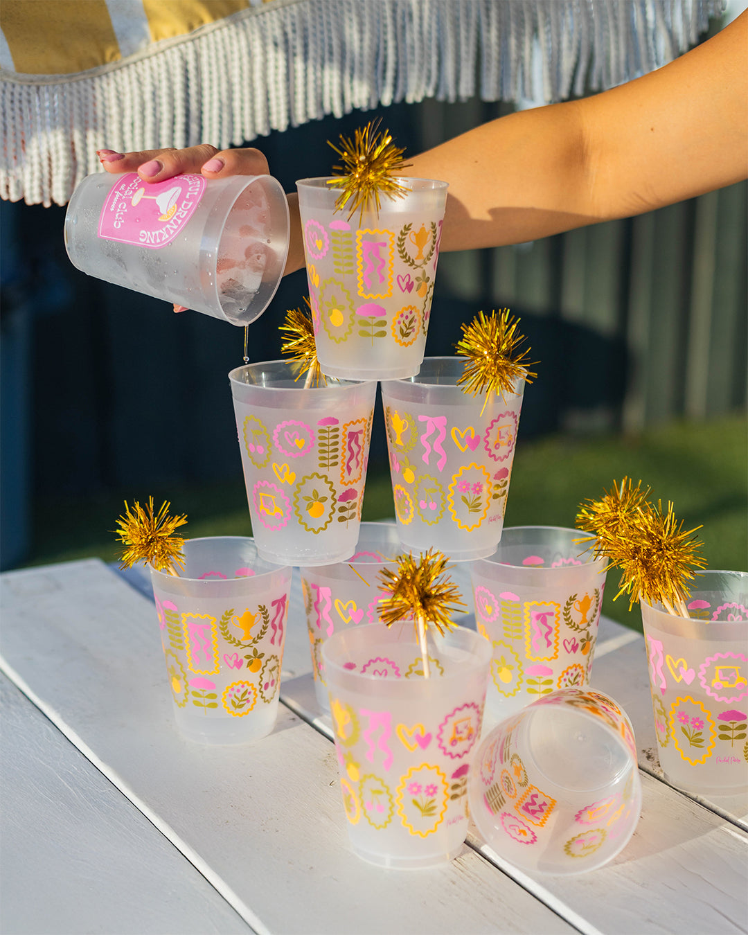 Forever Fun Social Club Reusable Stackable Cups with Pom Pom Stirs