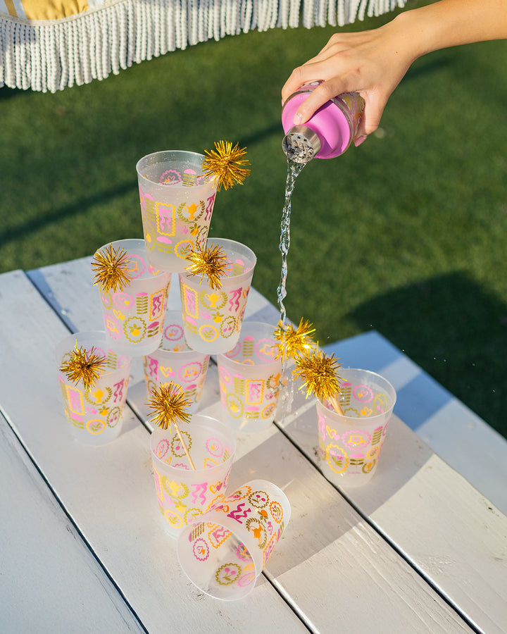 Forever Fun Social Club Reusable Stackable Cups with Pom Pom Stirs