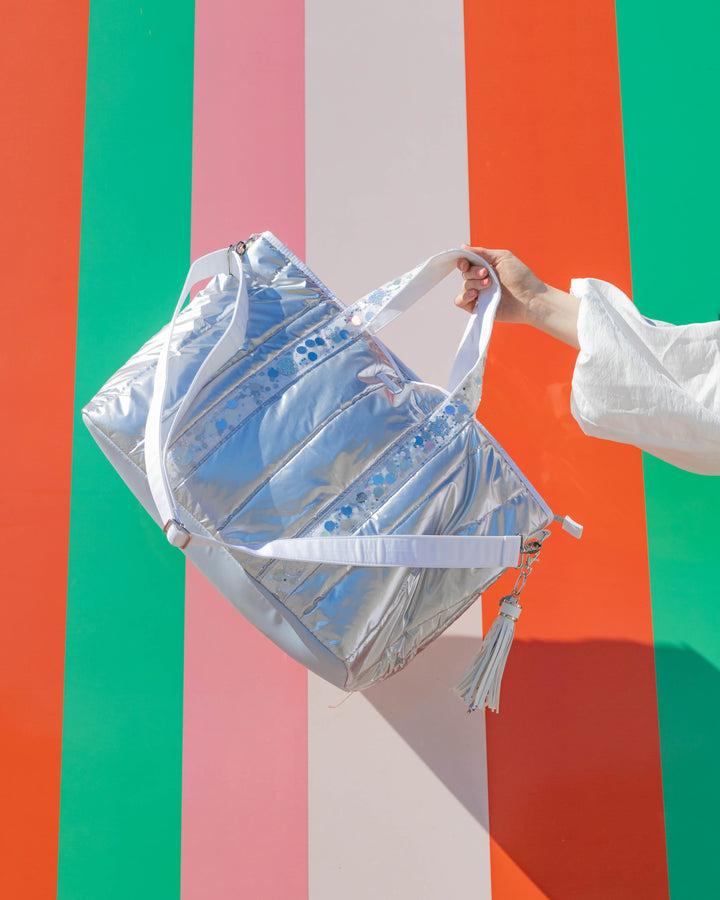 Silver Metallic Puffer Duffel Bag