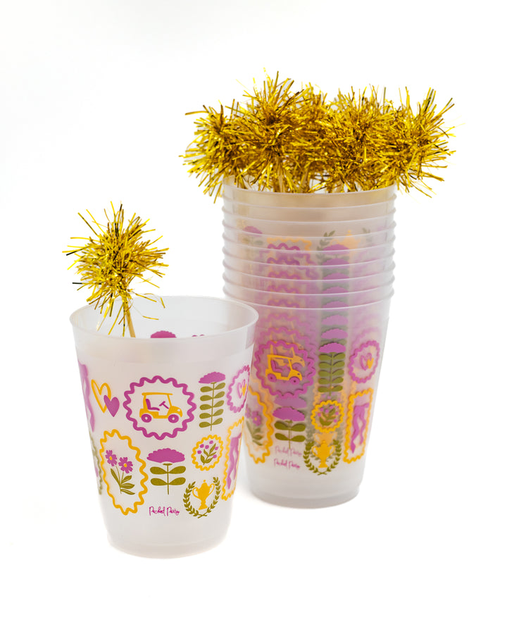 Forever Fun Social Club Reusable Stackable Cups with Pom Pom Stirs