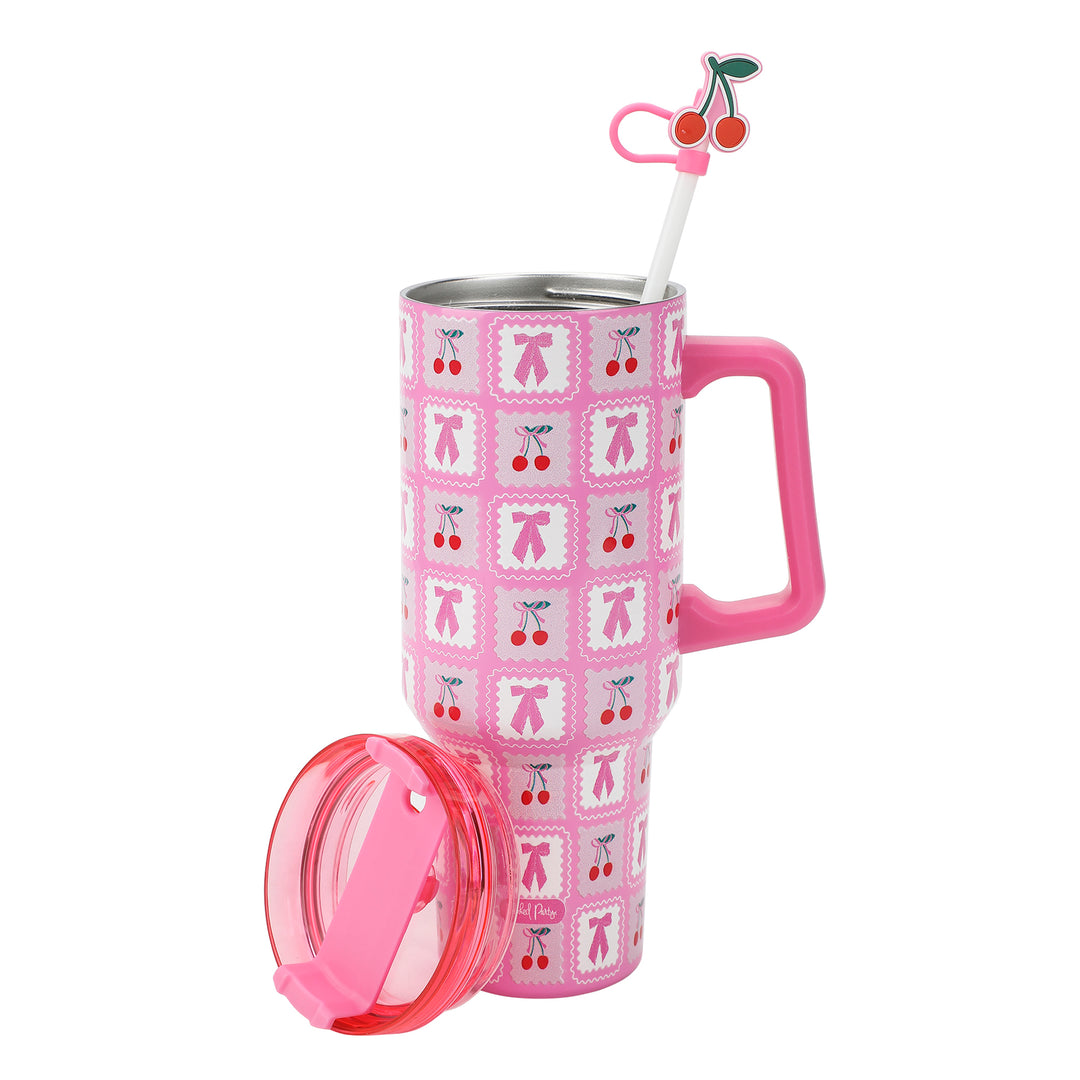 Pink Cherries 40 Oz Stainless Steel Tumbler With Handle by Packed Party | Comes with Straw &amp; Cherry Straw Topper | Double Wall Insulation
