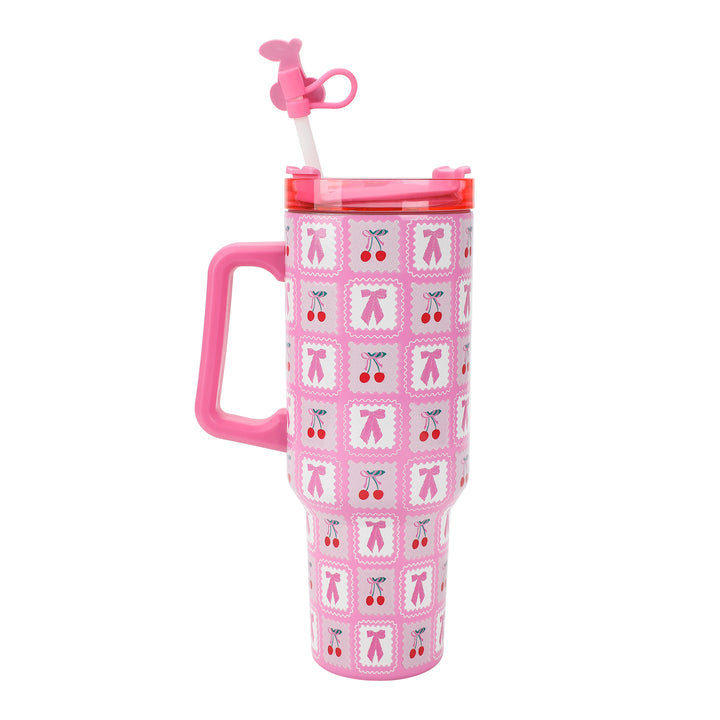 Pink Cherries 40 Oz Stainless Steel Tumbler With Handle by Packed Party | Comes with Straw &amp; Cherry Straw Topper | Double Wall Insulation