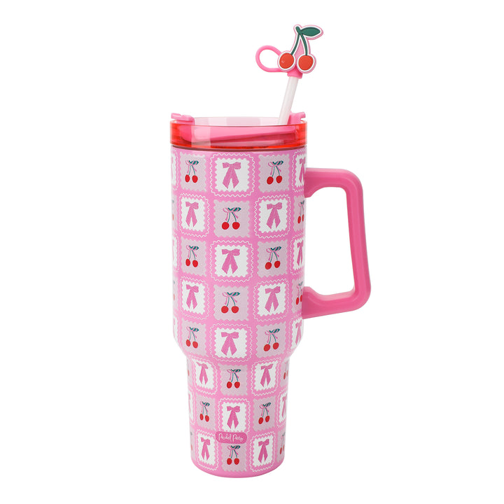 Pink Cherries 40 Oz Stainless Steel Tumbler With Handle by Packed Party | Comes with Straw &amp; Cherry Straw Topper | Double Wall Insulation