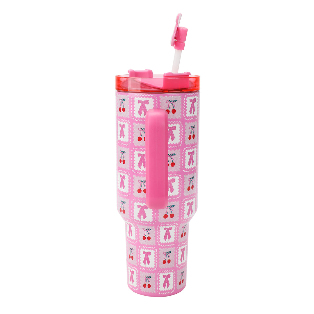 Pink Cherries 40 Oz Stainless Steel Tumbler With Handle by Packed Party | Comes with Straw &amp; Cherry Straw Topper | Double Wall Insulation