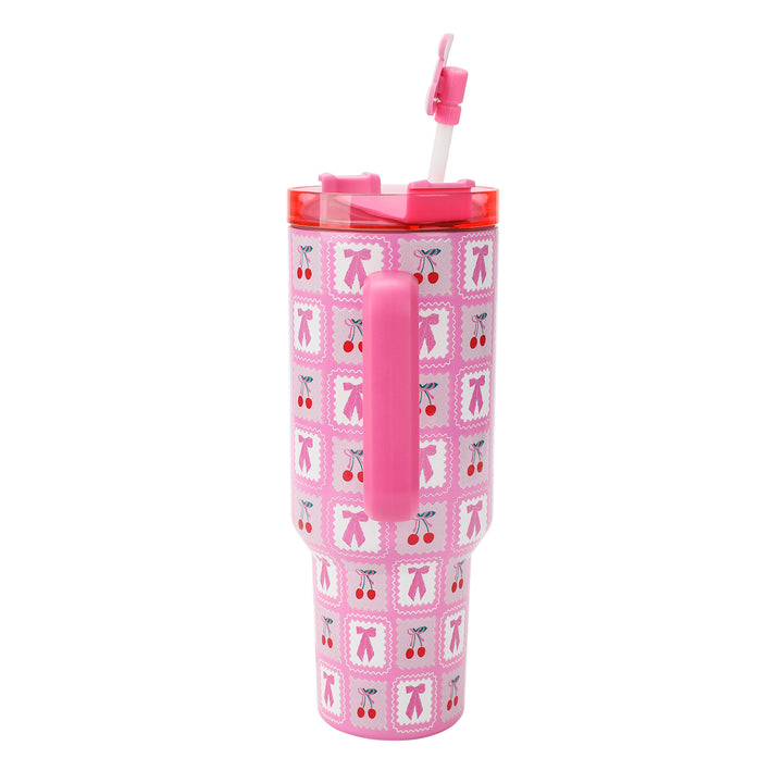 Pink Cherries 40 Oz Stainless Steel Tumbler With Handle by Packed Party | Comes with Straw &amp; Cherry Straw Topper | Double Wall Insulation