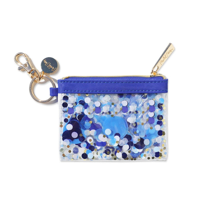 Packed Party Blue Confetti Clear Vinyl Mini Keychain Wallet - Shakeable Confetti Zip Pouch with Gold-Tone Keyring and Lobster Clip, 4.5x3.5 Inch