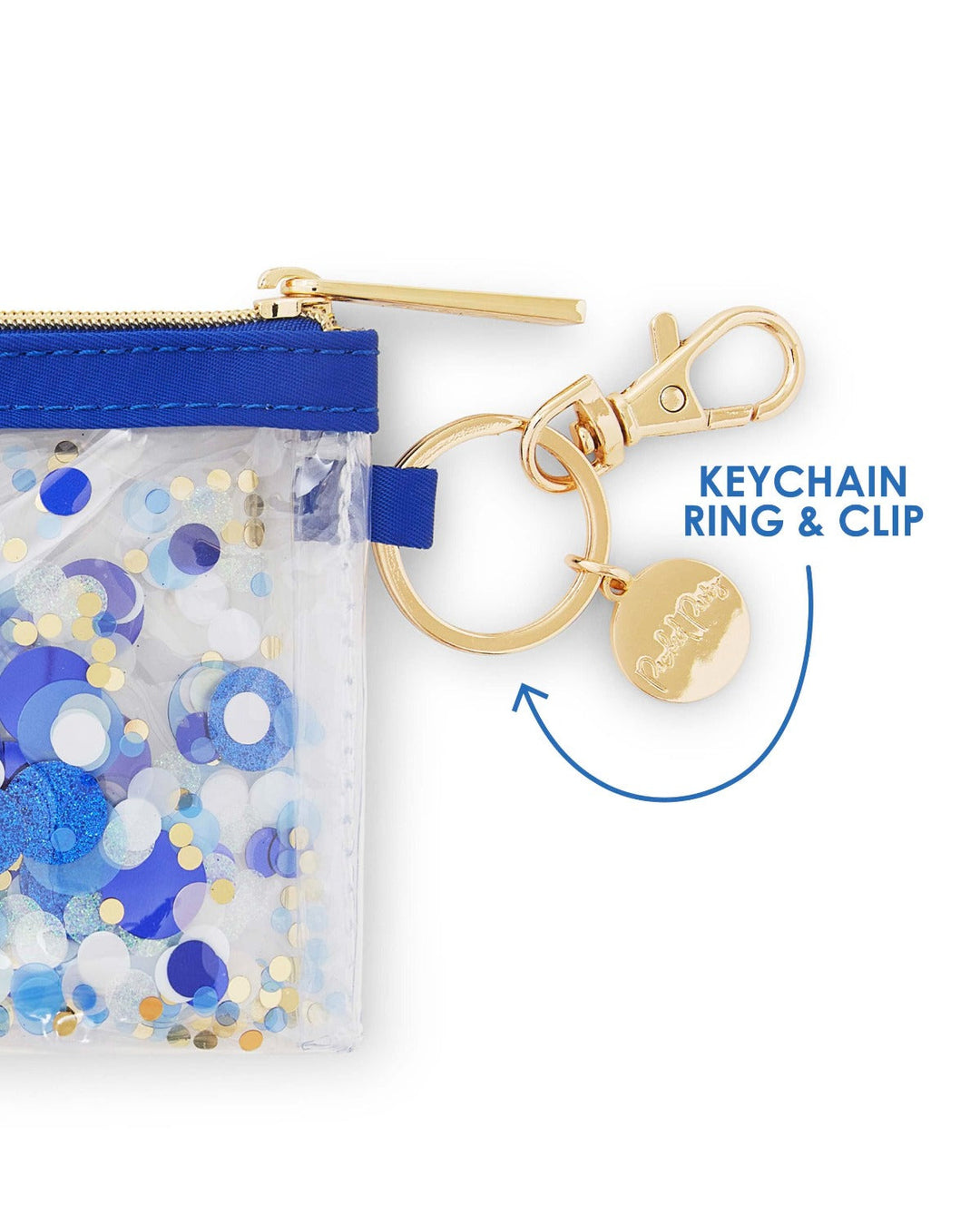 Packed Party Blue Confetti Clear Vinyl Mini Keychain Wallet - Shakeable Confetti Zip Pouch with Gold-Tone Keyring and Lobster Clip, 4.5x3.5 Inch