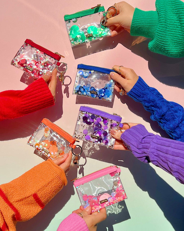 Packed Party Blue Confetti Clear Vinyl Mini Keychain Wallet - Shakeable Confetti Zip Pouch with Gold-Tone Keyring and Lobster Clip, 4.5x3.5 Inch