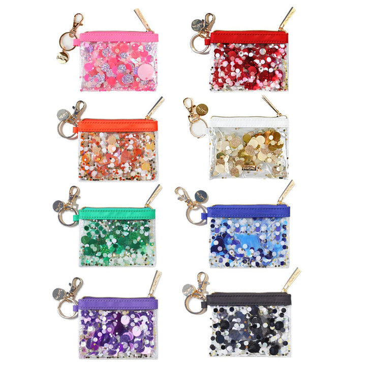 Packed Party Blue Confetti Clear Vinyl Mini Keychain Wallet - Shakeable Confetti Zip Pouch with Gold-Tone Keyring and Lobster Clip, 4.5x3.5 Inch