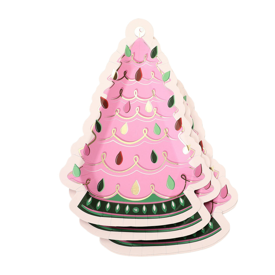 Packed Party Christmas Tree Shaped Paper Plates, 8 Inch Dessert Plates, Disposable Holiday Party Tableware, Pink &amp; Green, 10 Count