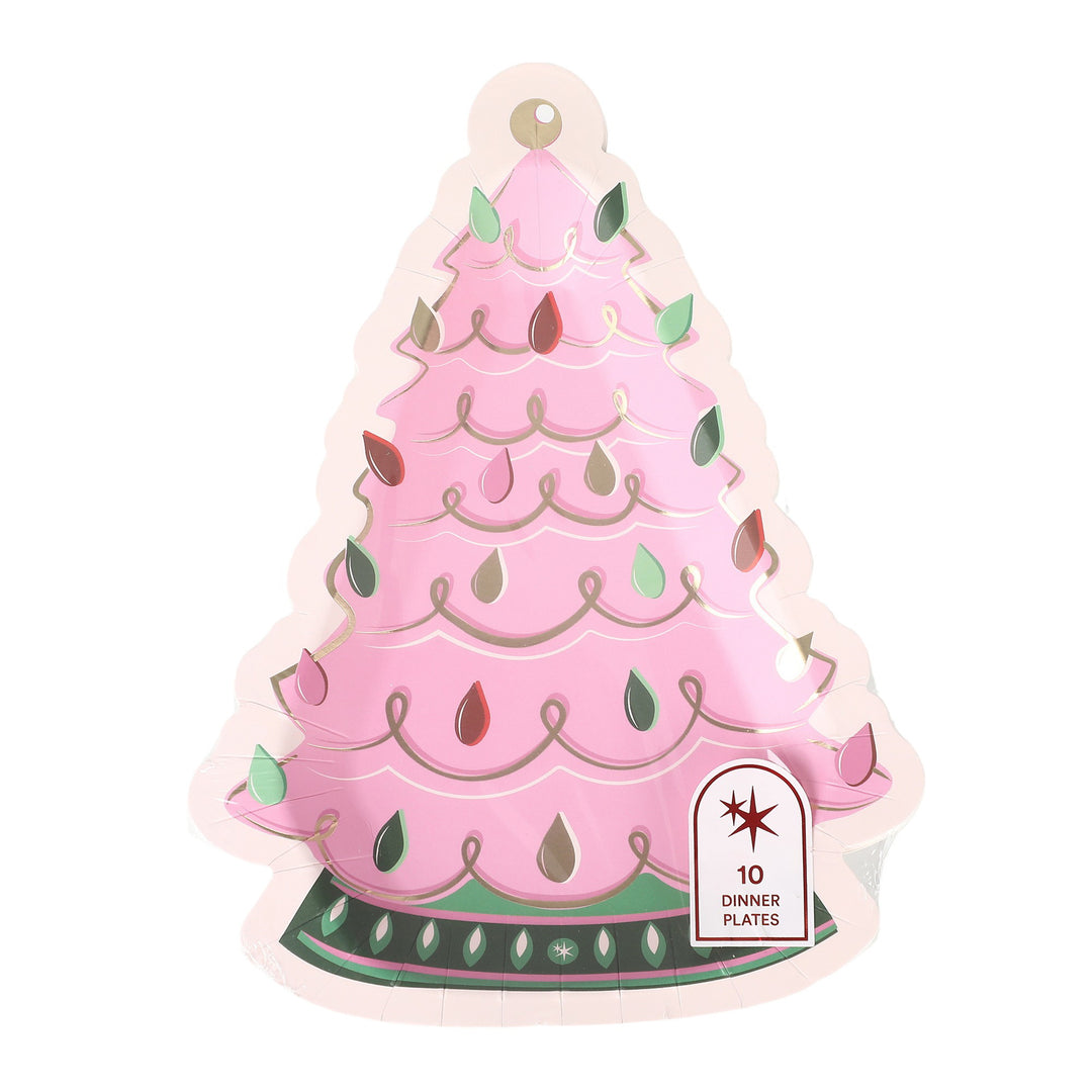 Packed Party Christmas Tree Shaped Paper Plates, 8 Inch Dessert Plates, Disposable Holiday Party Tableware, Pink &amp; Green, 10 Count