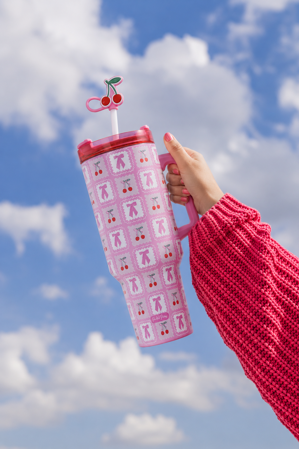Pink Cherries 40 Oz Stainless Steel Tumbler With Handle by Packed Party | Comes with Straw &amp; Cherry Straw Topper | Double Wall Insulation