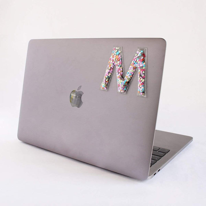 Packed Party Confetti Letter "K" Adhesive Patch Sticker - Confetti-Filled Peel and Stick 3M Alphabet Patch for Personalizing Notebooks Laptops and Gifts, 3x2 Inch
