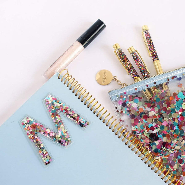 Packed Party Confetti Letter "K" Adhesive Patch Sticker - Confetti-Filled Peel and Stick 3M Alphabet Patch for Personalizing Notebooks Laptops and Gifts, 3x2 Inch