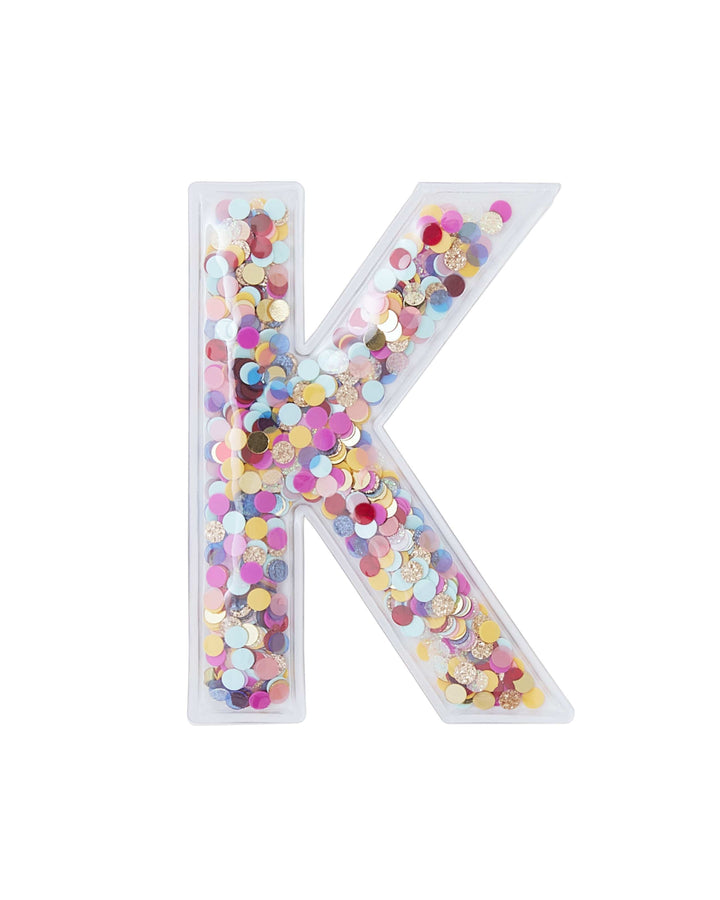 Packed Party Confetti Letter "K" Adhesive Patch Sticker - Confetti-Filled Peel and Stick 3M Alphabet Patch for Personalizing Notebooks Laptops and Gifts, 3x2 Inch