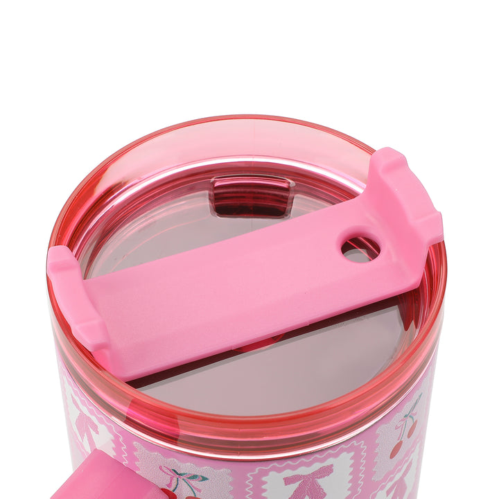 Pink Cherries 40 Oz Stainless Steel Tumbler With Handle by Packed Party | Comes with Straw &amp; Cherry Straw Topper | Double Wall Insulation
